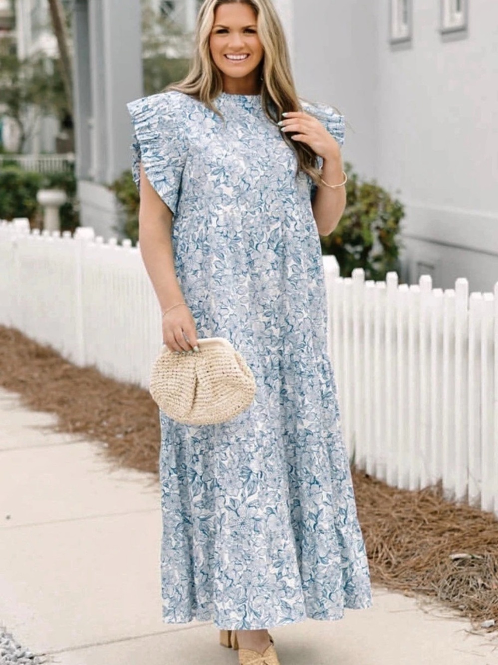Chic Soul Floral Maxi Dress Blue & White